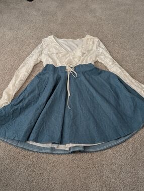 Diable Baiser Japanese Lolita Gyaru Denim White Lace Long Sleeve Dress Medium